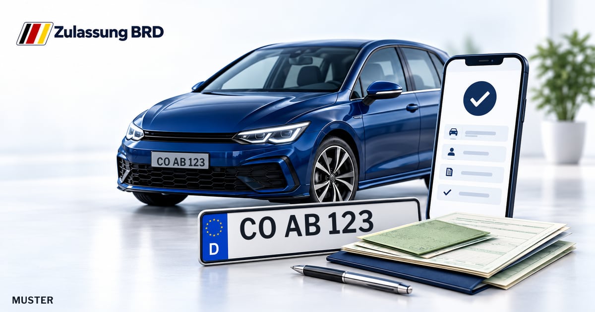 Online Fahrzeugzulassung in Rödental: Musterkennzeichen CO AB 123, Auto und Fahrzeugpapiere und Smartphone. Illustration mit Logo von Zulassung BRD.